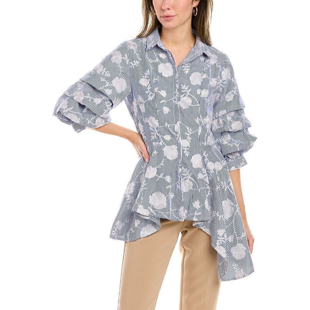 Gracia Dramatic Asymmetrical Stripe Peplum Blouse Embroidered
